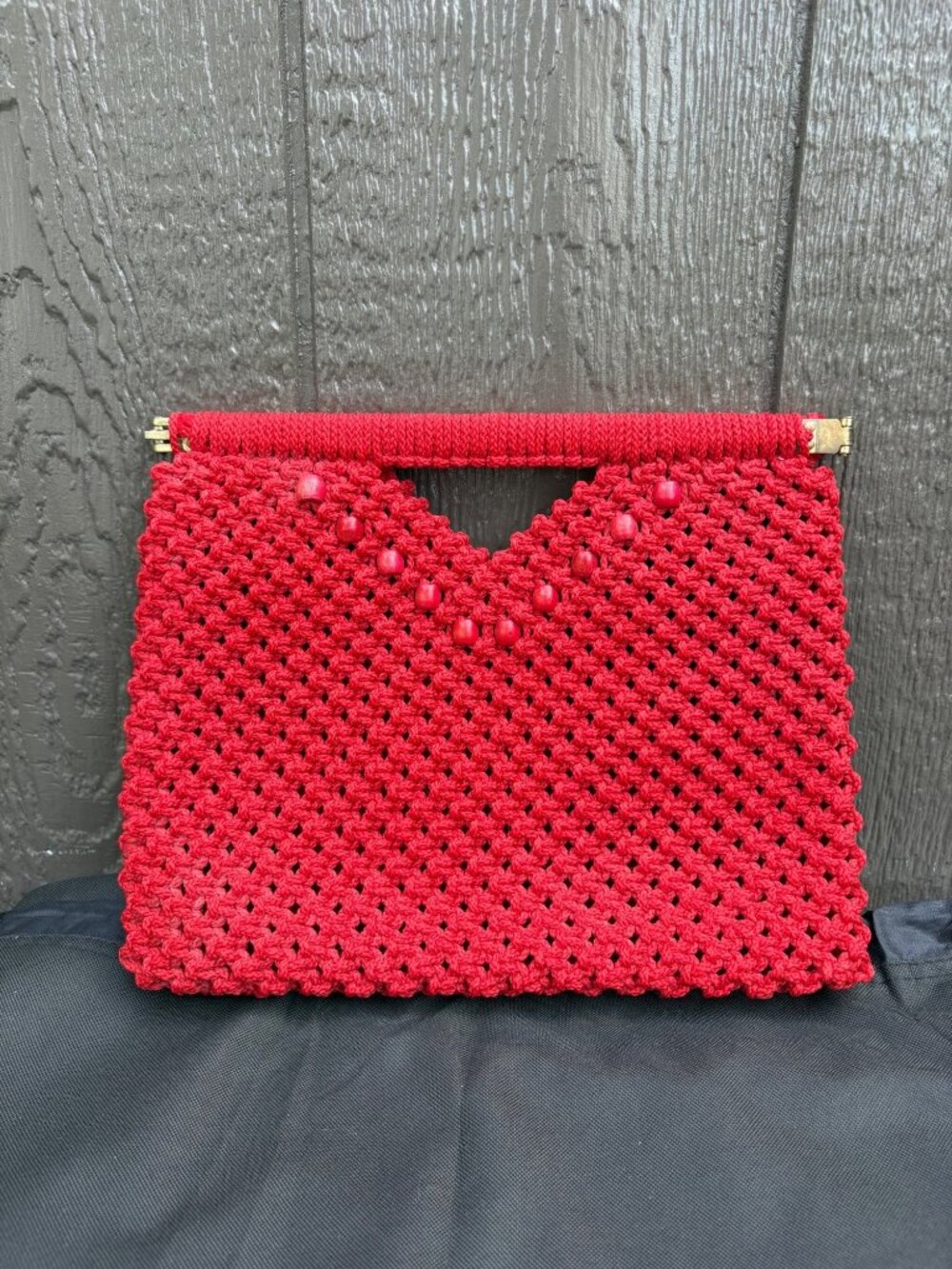 Red Macrame Clutch Handbag Wood Beads Flex Hinged Frame Purse Hippie Boho